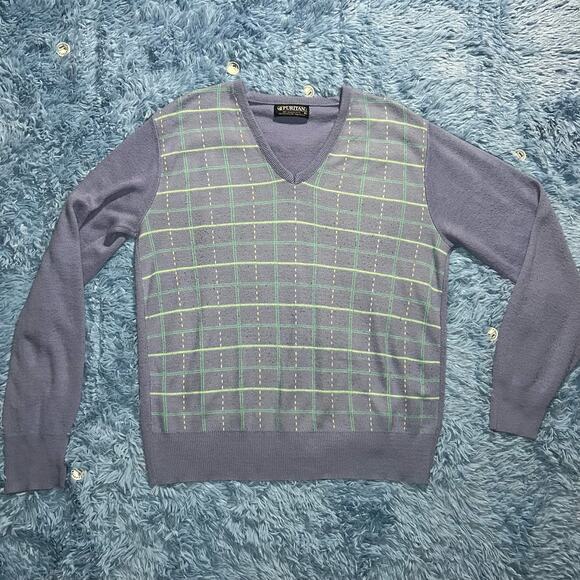 VINTAGE Striped V Neck Sweater Size XL Mens Retro Blue Puritan Preppy 90s - Picture 1 of 8